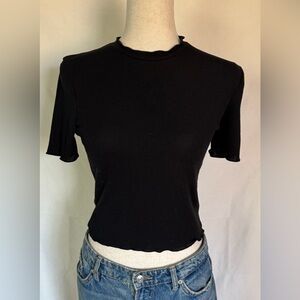 Black Rib Knit Short Sleeve Top w/ Flutter Neckline, Sleeves, & Hem